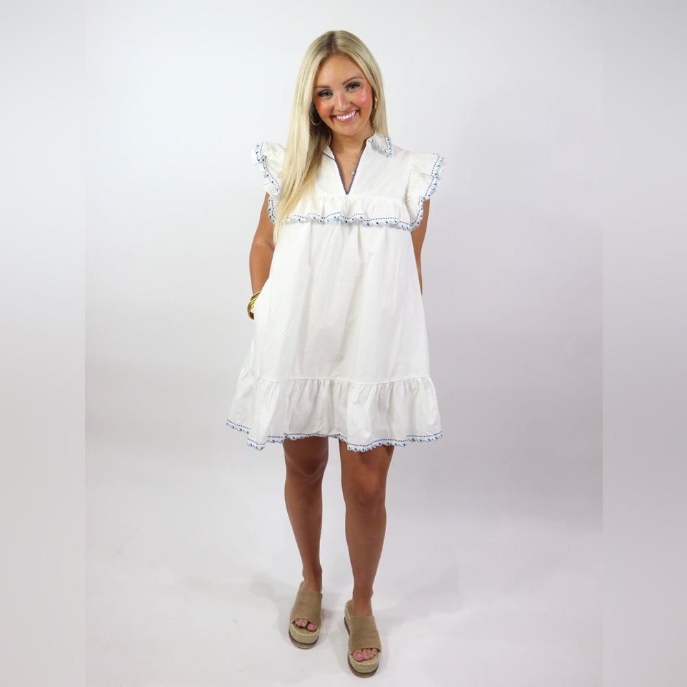 Free the Roses White Ruffle Mini Dress with 🩵 Blue Floral Trim 🩵 Size Large